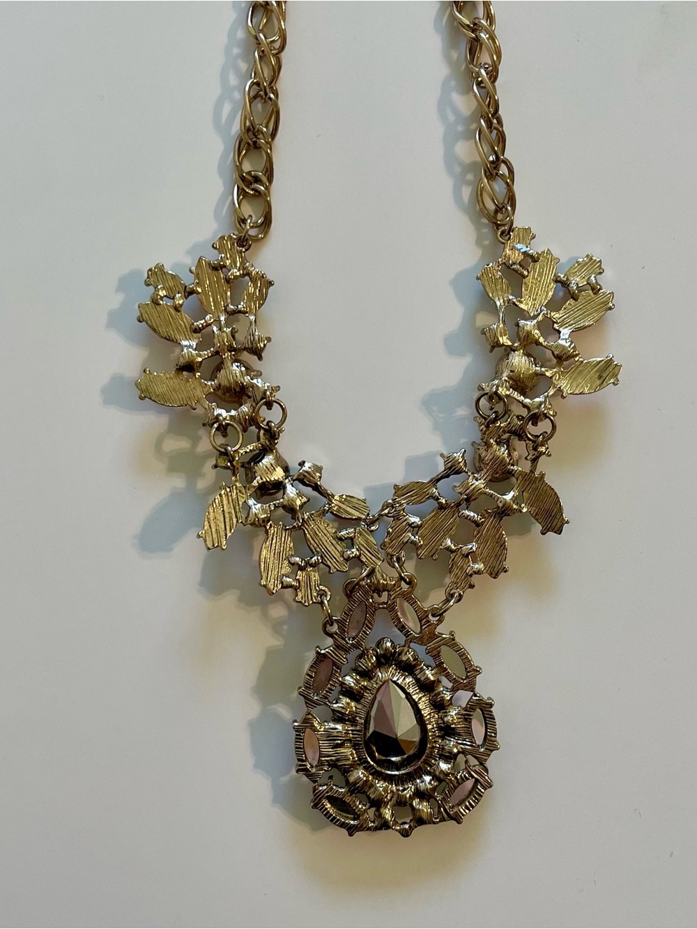 Gold Tone Chain Statement Necklace with Pink and Aqua Gemstones - Picture 3 of 5